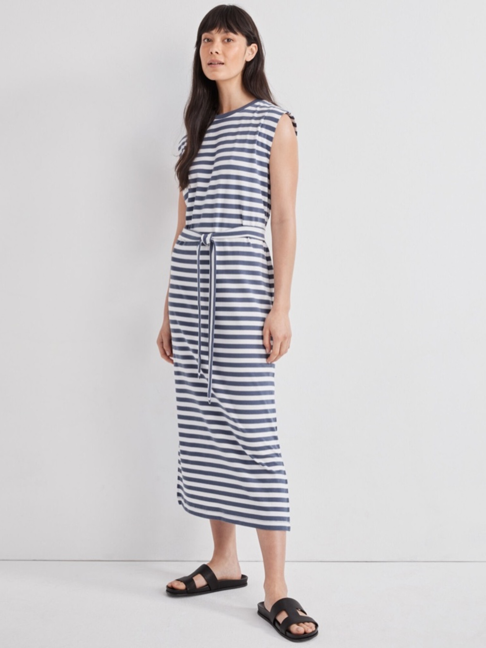 Striped Navy and White Sleeveless Midi Dress